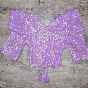 Free People The Miami Moon Sequin Crop Top Womens XS Purple Open Back